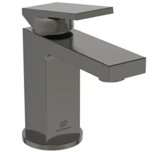 Waschbeckenarmatur in Metallic-Grau, mit einem modernen Design und einem rechteckigen Griff. Produkt von Ideal Standard.